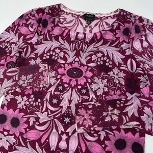 Talbots‎ Pure Merino Wool Pink Purple Knit Floral Sweater Puff Sleeve Women's XS